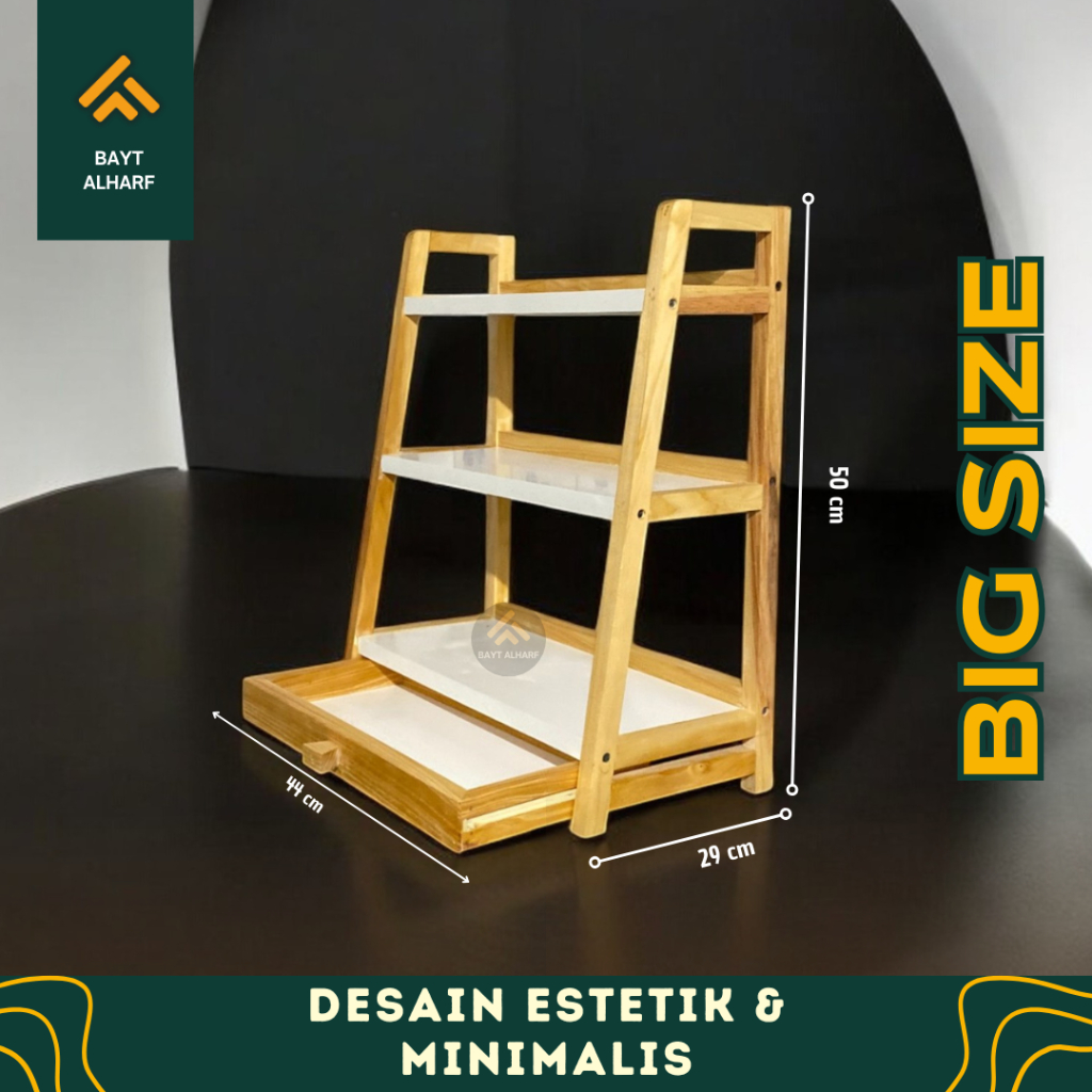 Rak Bumbu Dapur Estetik Serbaguna Rak Susun Kayu 3 Tingkat + Laci