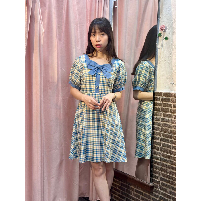 Mini Dress Motif Kotak-Kotak Style Korea