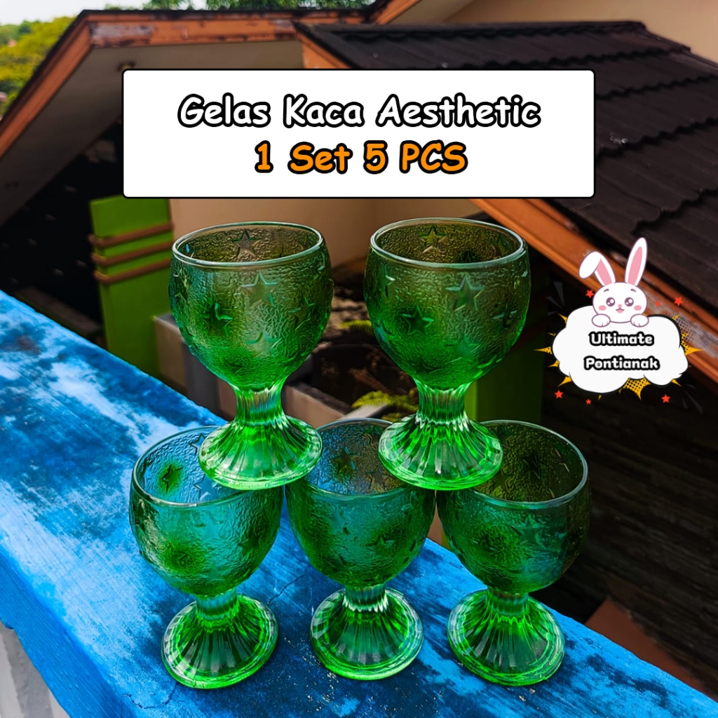 KIM GLASS Gelas Kaca Aesthetic 1 Set 5 PCS | Gelas Kaca Aesthetic | Gelas Kaca Motif Ok