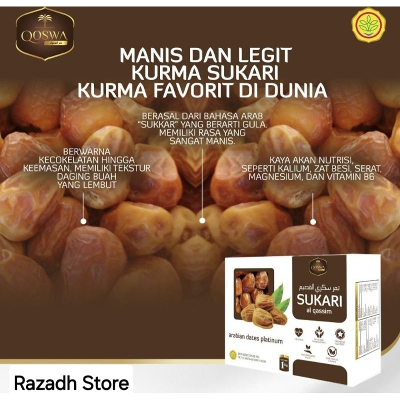 

KURMA SUKARI Merk Qoswa Arabian Dates Platinum 1Kg (Produksi Terbaru)