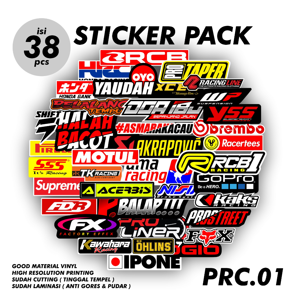 

Sticker Pack Racing Distro Logo Brand Aesthetic Print Cut Sudah Terpotong pola Tinggal Tempel Laminasi Anti Pudar Anti Gores Bahan Vinyl Puith Hologram Pelangi AM.PRC