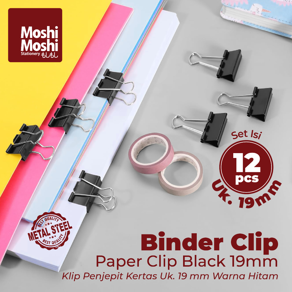 

Paper Binder Clip 19mm Black Document Moshi Klip Penjepit Kertas Peralatan Tulis Kantor Set Isi 12 pcs