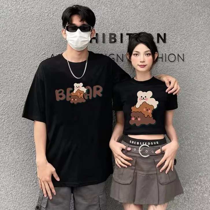 Couple Crop Top Tee TRIO BEAR kaos kapelan cowo cewe katun lengan beruang pendek CropTop satuan ecer