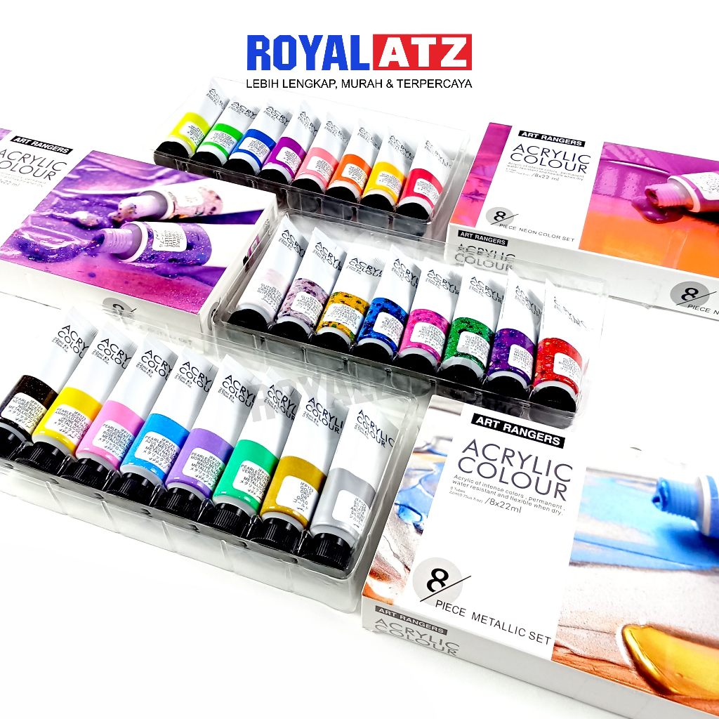 

Cat Akrilik Set / Cat Acrylic Art Rangers Glitter Metalik Neon Pastel Set 8 warna x 22 ml