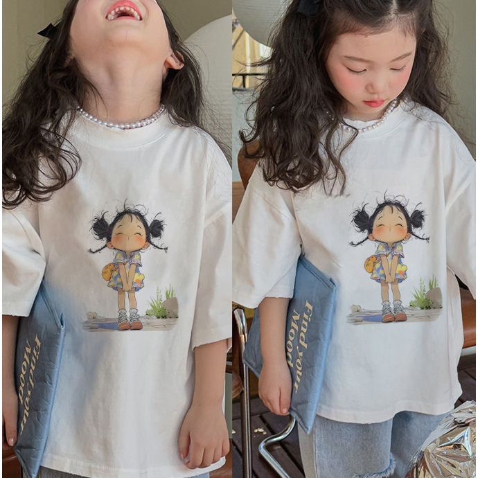 Kaos anak|cewek 10 tahun import|2-12 Tahun|Gadis kecil yang lembut dan pemalu|Cetakan gaya Korea|kor