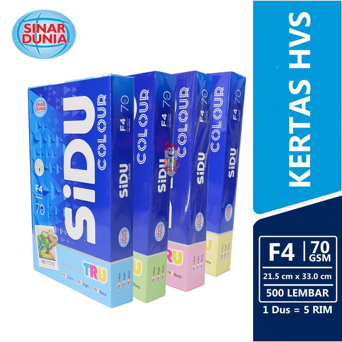 

(1RIM=500Lbr) Kertas Print / Fotocopy Warna HVS SIDU F4 70 Gsm Warna