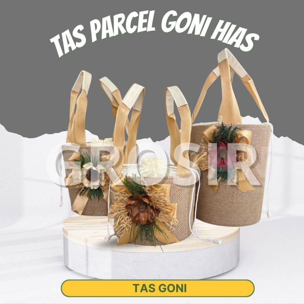 Tas Keranjang Goni / Tas Parcel Goni Hias / Tas Souvenir / Tas Goni Tabung Hias Rustic - 3 Toples