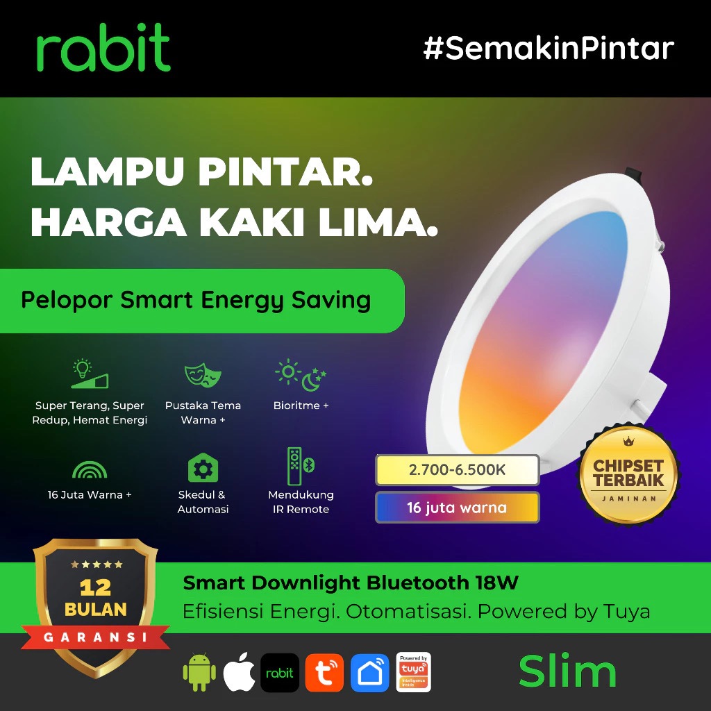 RABIT Smart Downlight Slim Lamp LED Lampu Downlight Plafon Bluetooth 18W RGB