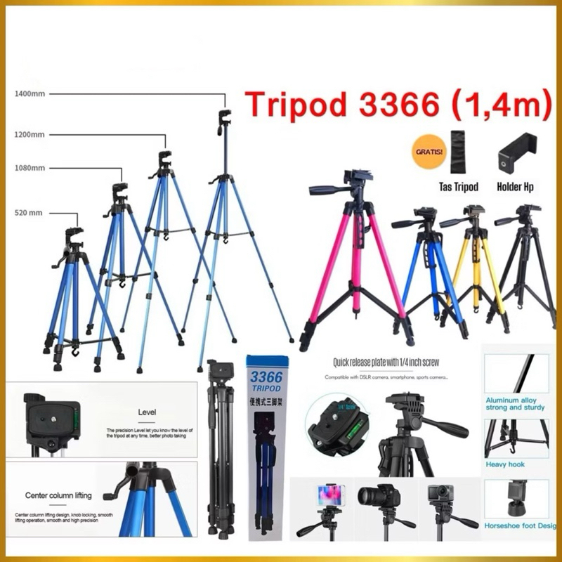 Tripod Camera Photography 3366 Colour Tripod Handphone + Holder U Stabilizer Serbaguna