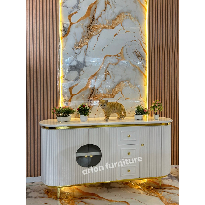 Meja konsul/ Bufet tv/meja list gold/bufet bulat/meja bulat/bufet kaki besi list gold