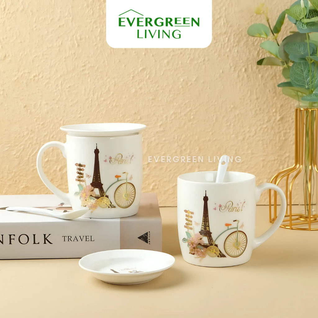EVERGREEN Hampers Cangkir Gelas Mug Single Set 2 Pcs Paris Bahan Keramik Tebal Unik Lucu Kado Hadiah