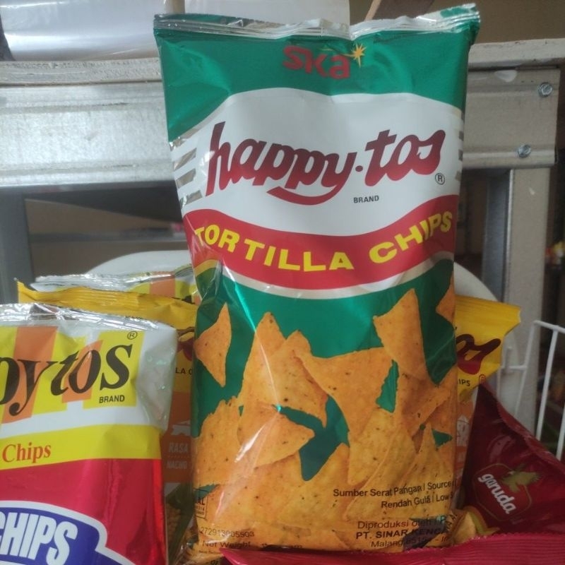 

happytos tortilla chips original, corn chips, rasa keju nacho