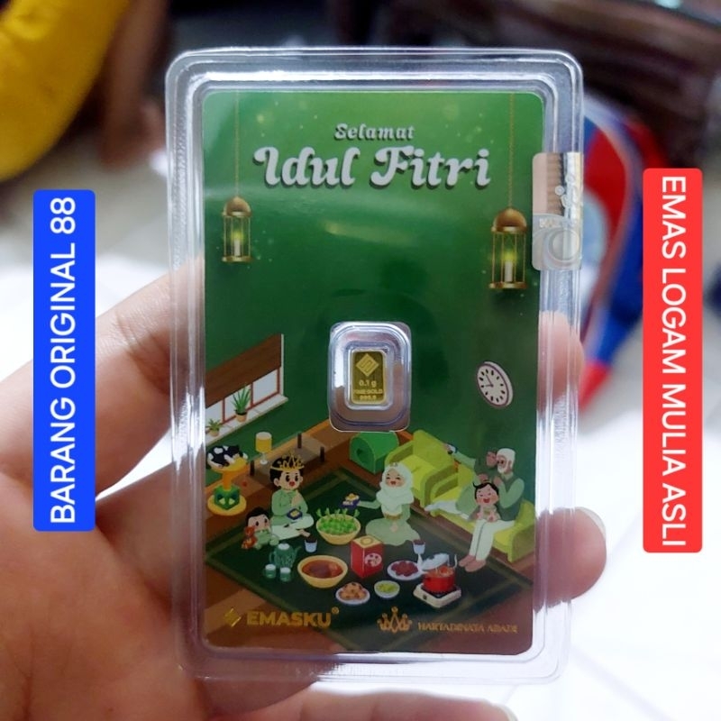 HADIAH LEBARAN KADO UCAPAN SELAMAT IDUL FITRI EMAS 0.1 GRAM ANTAM 0,1 LOGAM MULIA HARTADINATA GAMBAR