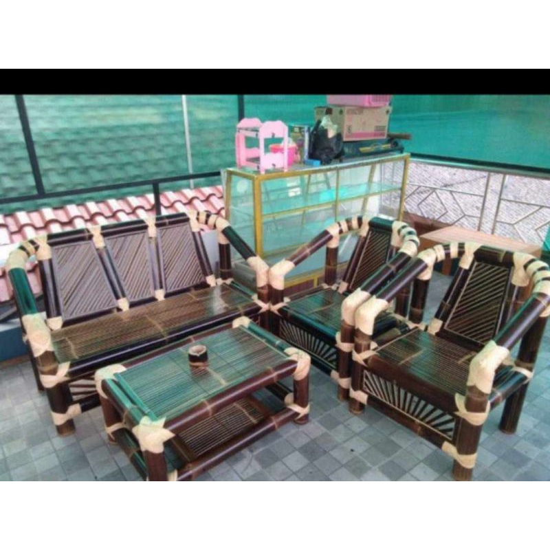 Kursi bambu hitam 1 set full ikat rotan