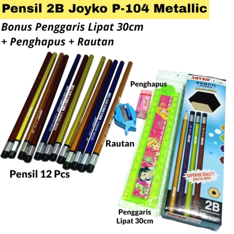 

[12Pcs] Pensil 2B Joyko P-104 Metallic Bonus Penggaris Lipat 30 cm + Penghapus + Rautan