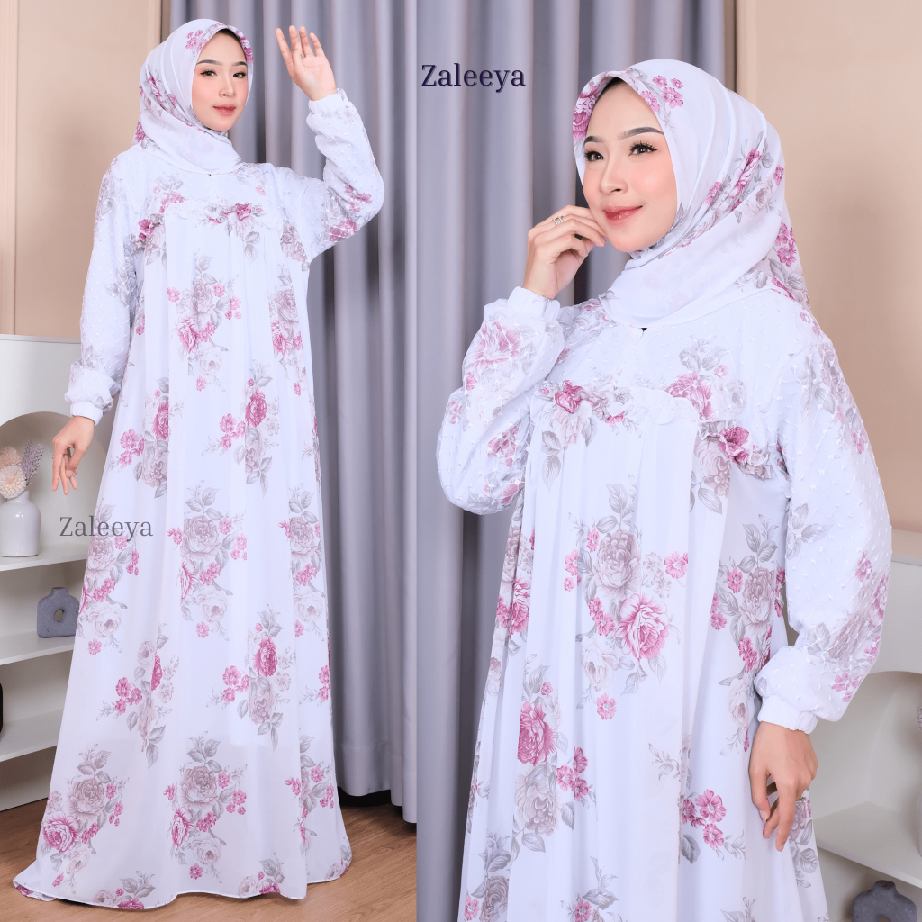 Andini Dress Gamis Ceruty Printing Full Furing FREE Kerudung Segi Empat Busui dan Wudhu Friendly