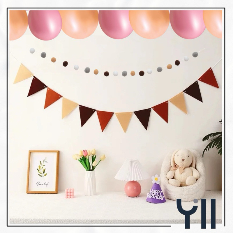 YII - Banner Flanel Bunting Flag Kain Aesthetic Earth Tone Happy Birthday Segitiga Bola Bola Pesta P