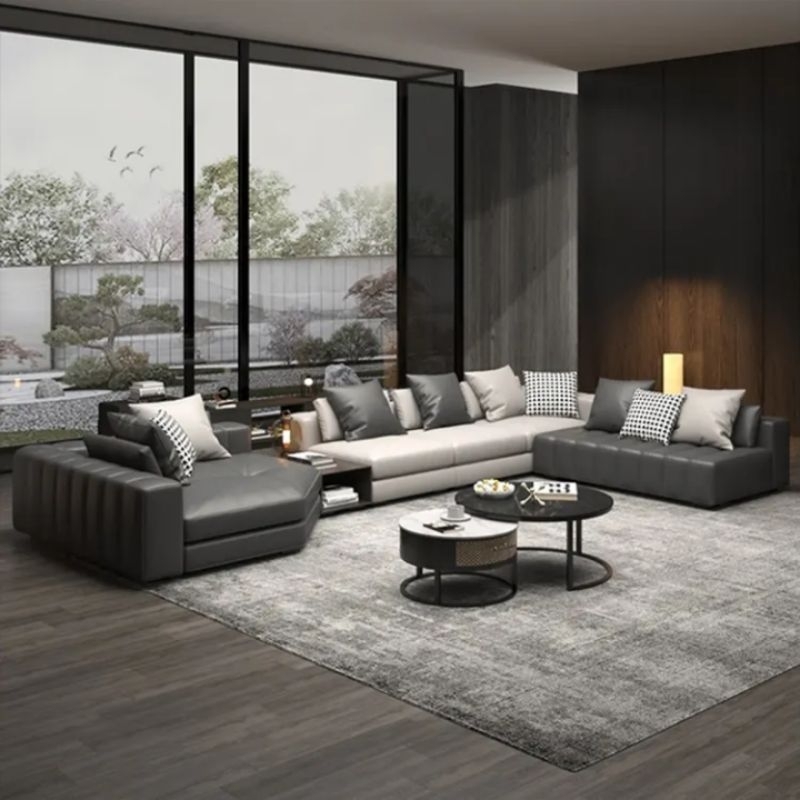 sofa kulit mewah modern leter U fullset sofa ruang tamu keluarga