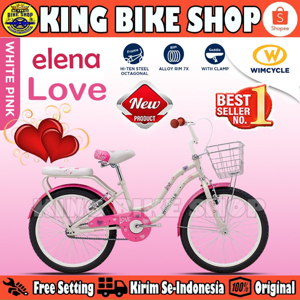 Sepeda Anak Perempuan WIMCYCLE ELENA LOVE Keranjang Ukuran 20 Inch Usia 4-6 Tahun