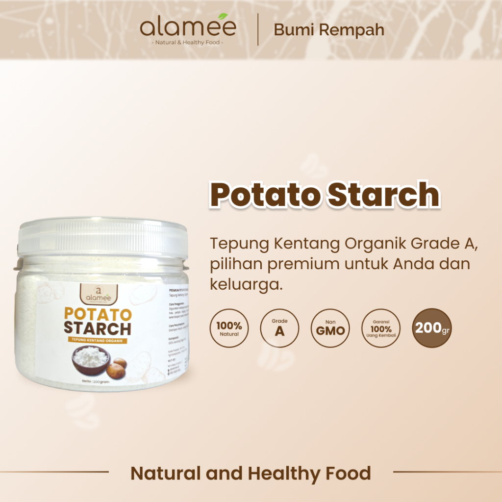 

ALAMEE Tepung Kentang Halus Potato Starch Tepung Kue PREMIUM Mashed Long Potato Powder 200gr