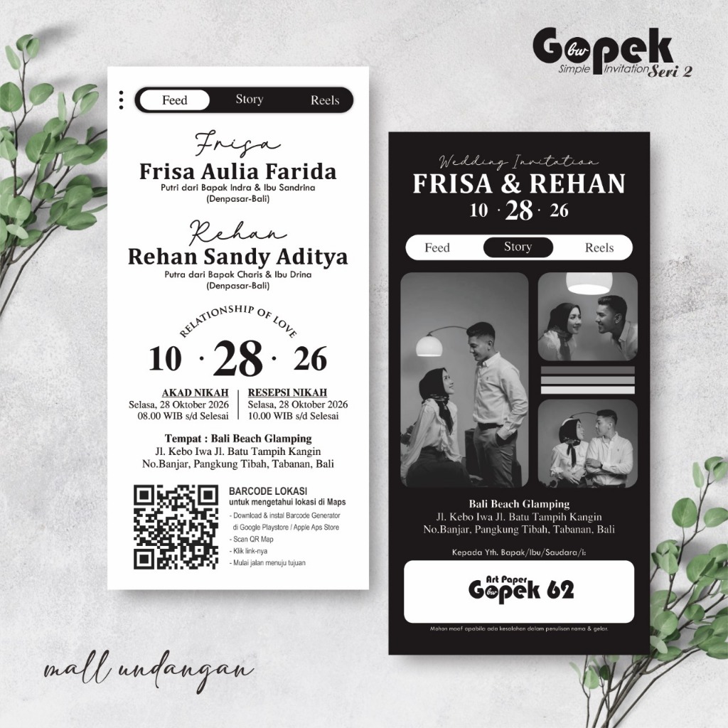UNDANGAN PERNIKAHAN HITAM PUTIH MURAH - CETAK UNDANGAN NIKAH SIMPLE GOPEK BW SERI 2