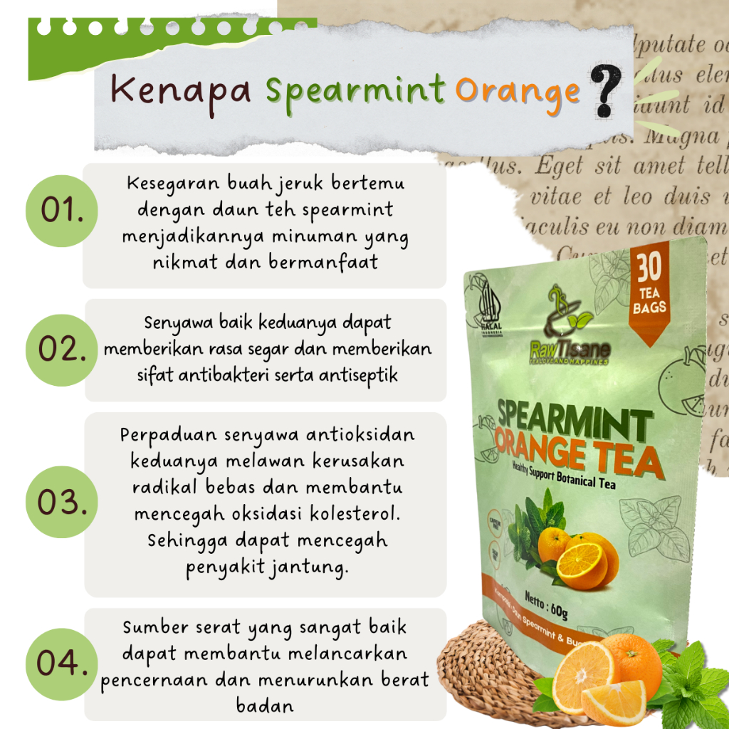 

MAR RAW TISANE Spearmint Orange Tea : Teh Celup Daun Spearmint & Buah Jeruk Orange Isi 30 Tea Bag