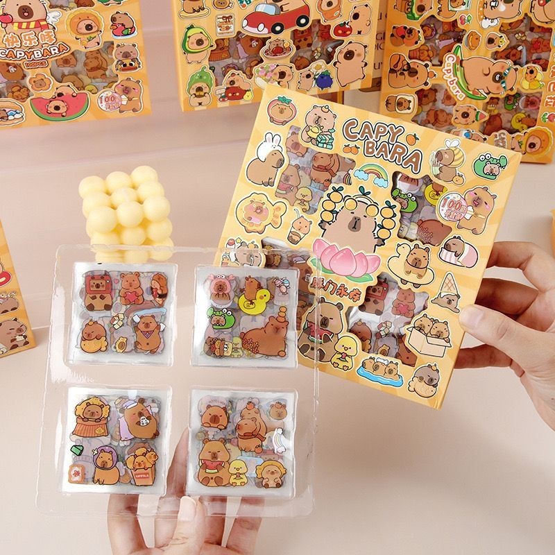 

STIKER ANAK KARTUN KOREA LUCU STICKER MOTIF CAPY BARA DAN KARTUN LOTSO 1 BOX 100PCS