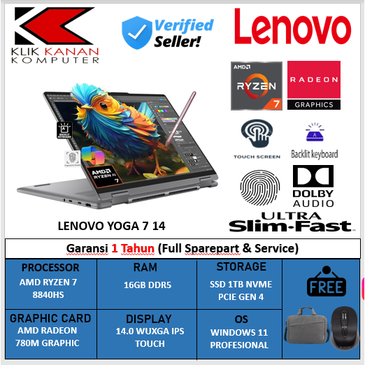 Lenovo Yoga 7 2in1 14 AMD RYZEN 7 8840HS 16GB 1TB SSD RADEON 780M Wuxga  Ips Touch Windows 11Pro