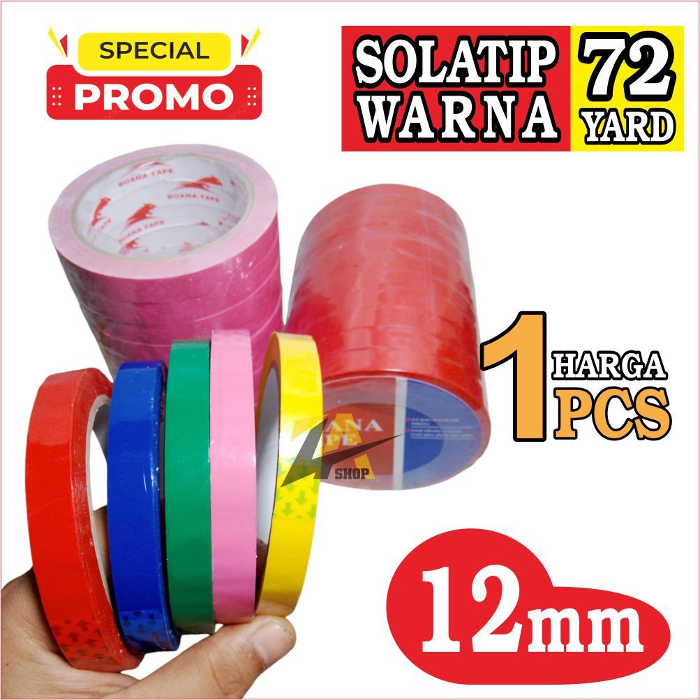 

LAKBAN WARNA 12mm X 72 yard, SOLATIP 12mm HARGA 1 PCS WARNA MERAH,BIRU,KUNING,HIJAU,PINK