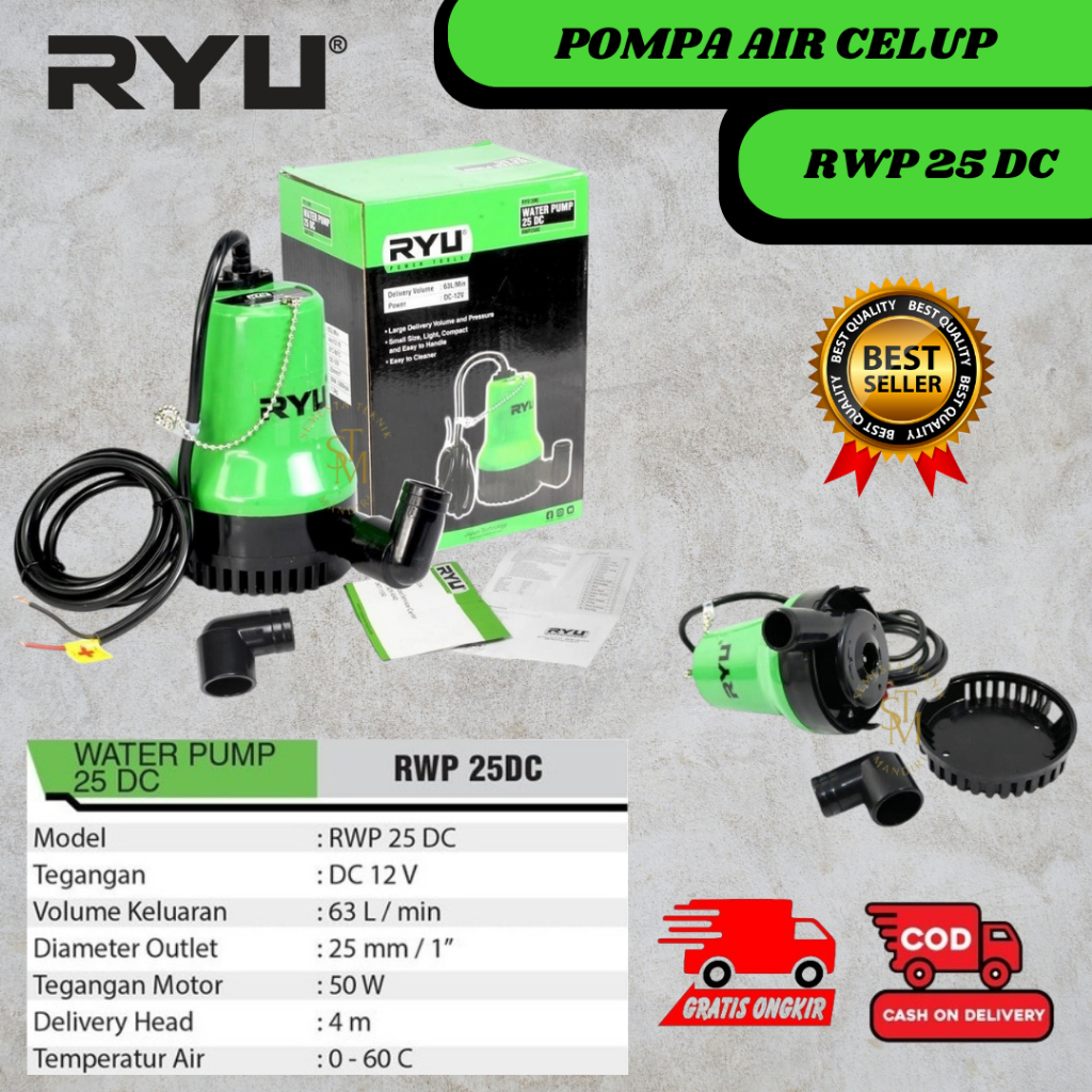 Mesin Pompa Air Celup DC 12V RYU - RWP25DC - Pompa Celup DC Mesin Kolam Ikan Aquarium - Kolam Submer