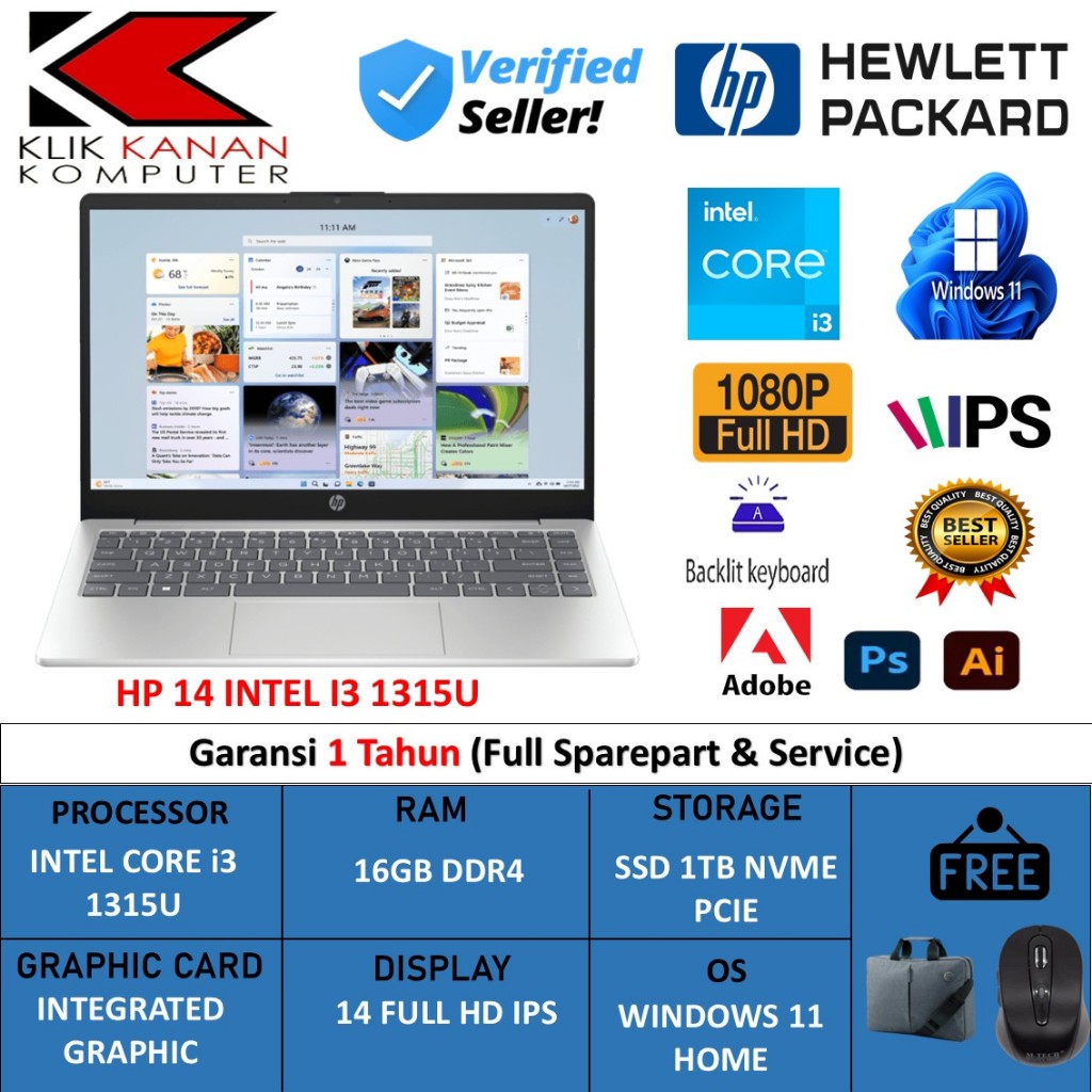 Laptop Slim HP 14S Intel Core I3 Gen13 1315U 16GB 512GB Ssd Fhd Ips Windows 11 Home