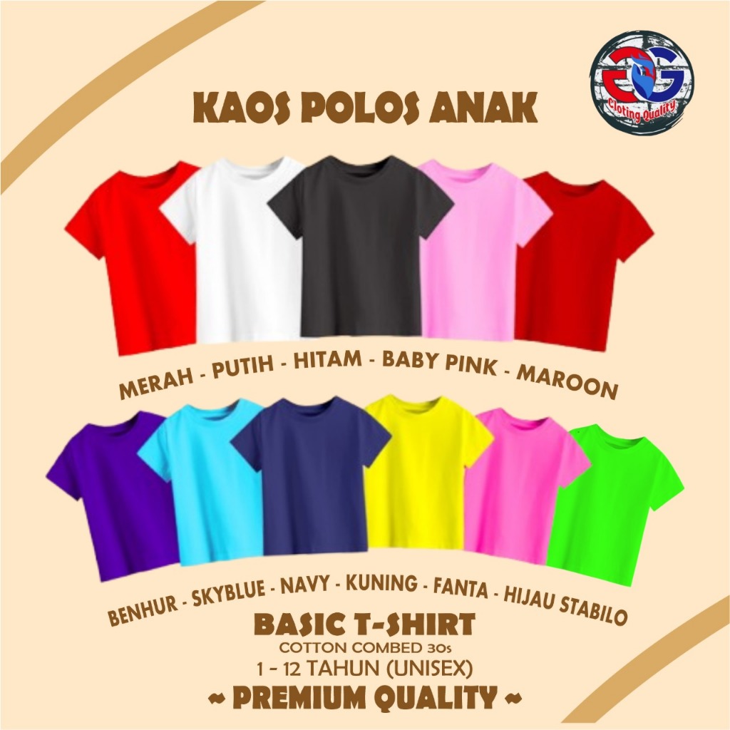 Kaos polos anak /kaos anak polos 1-8 tahun/ baju anak polos 11 warna