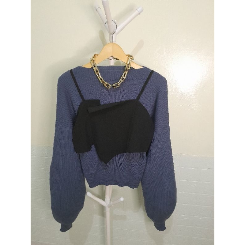 (PRELOVED) ONE SET SWEATER RAJUT LIDI WITH VEST LENGAN BALON DENIM