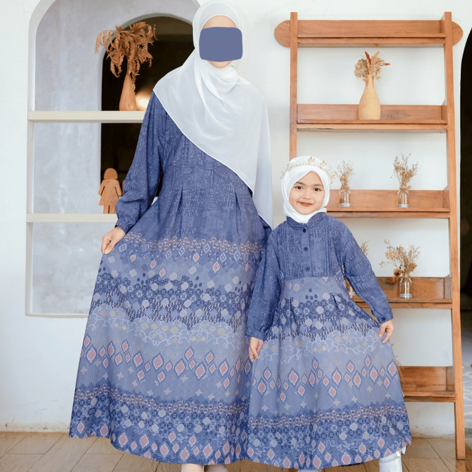 KODE A54P ASYMAH  GAMIS ANAK COUPLE IBU MOTIF ETHNIC MODERN SERIES ATIKA WARNA NAVY BY ASYMAH