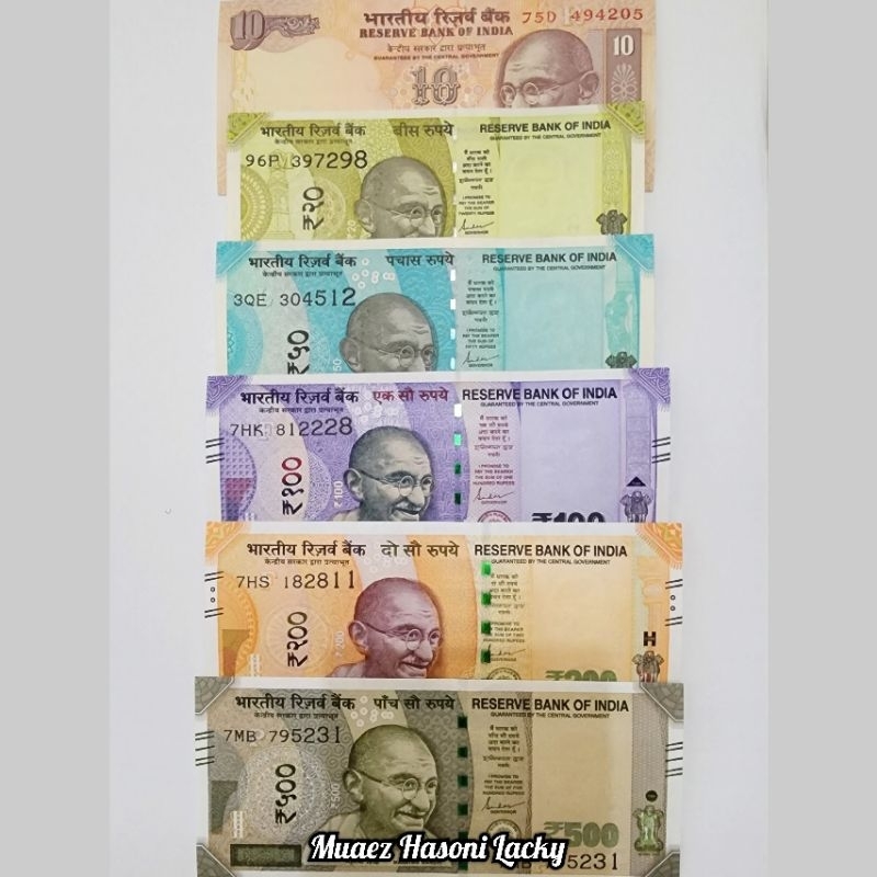Koleksi Satu Set Paket Lengkap India Rupee Pecahan 10 20 50 100 200 Dan 500 Rupee Original