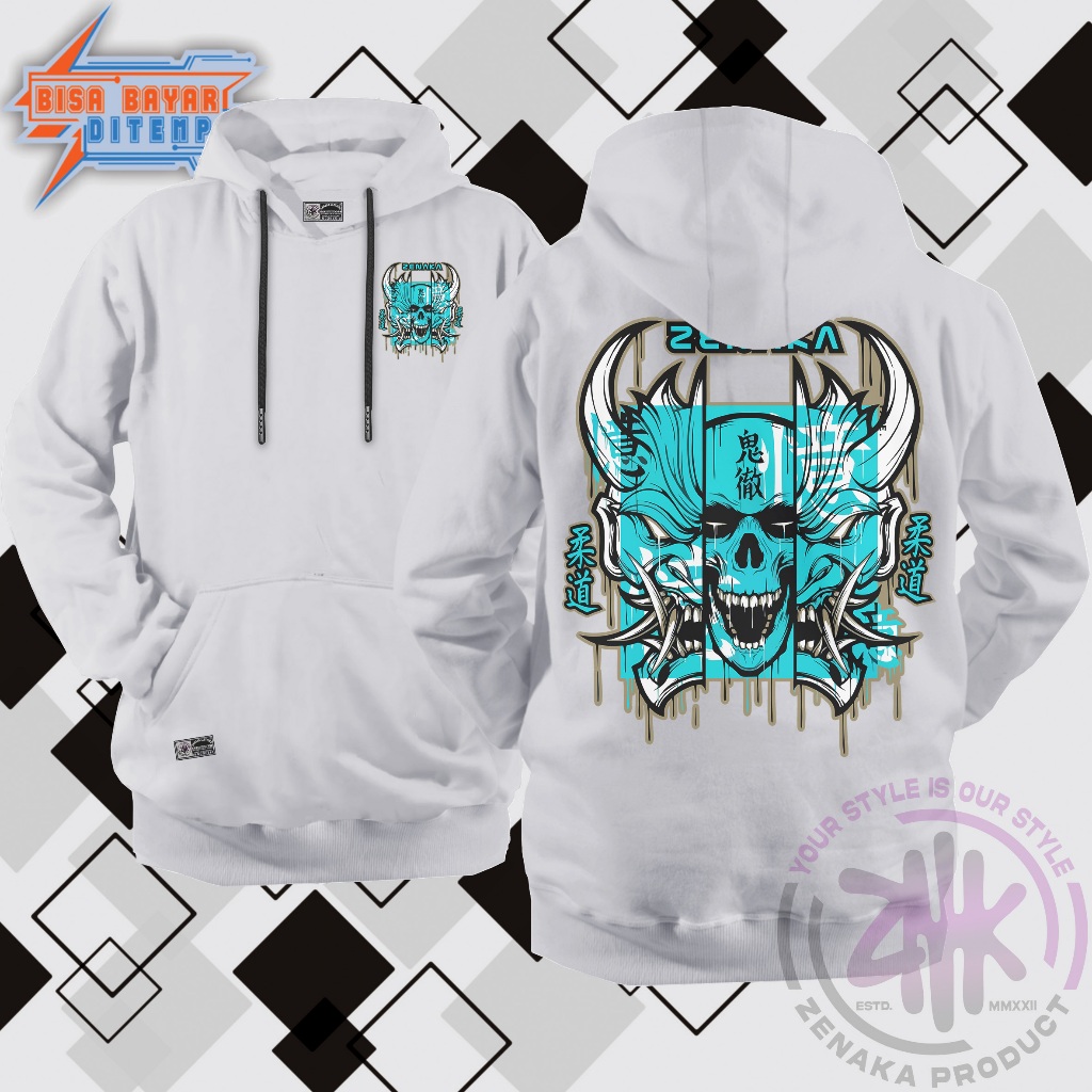 ZENAKA - Hoodie Pria Distro Metal Warna Putih Bahan Tebal Jaket Hoodie List Anime keren