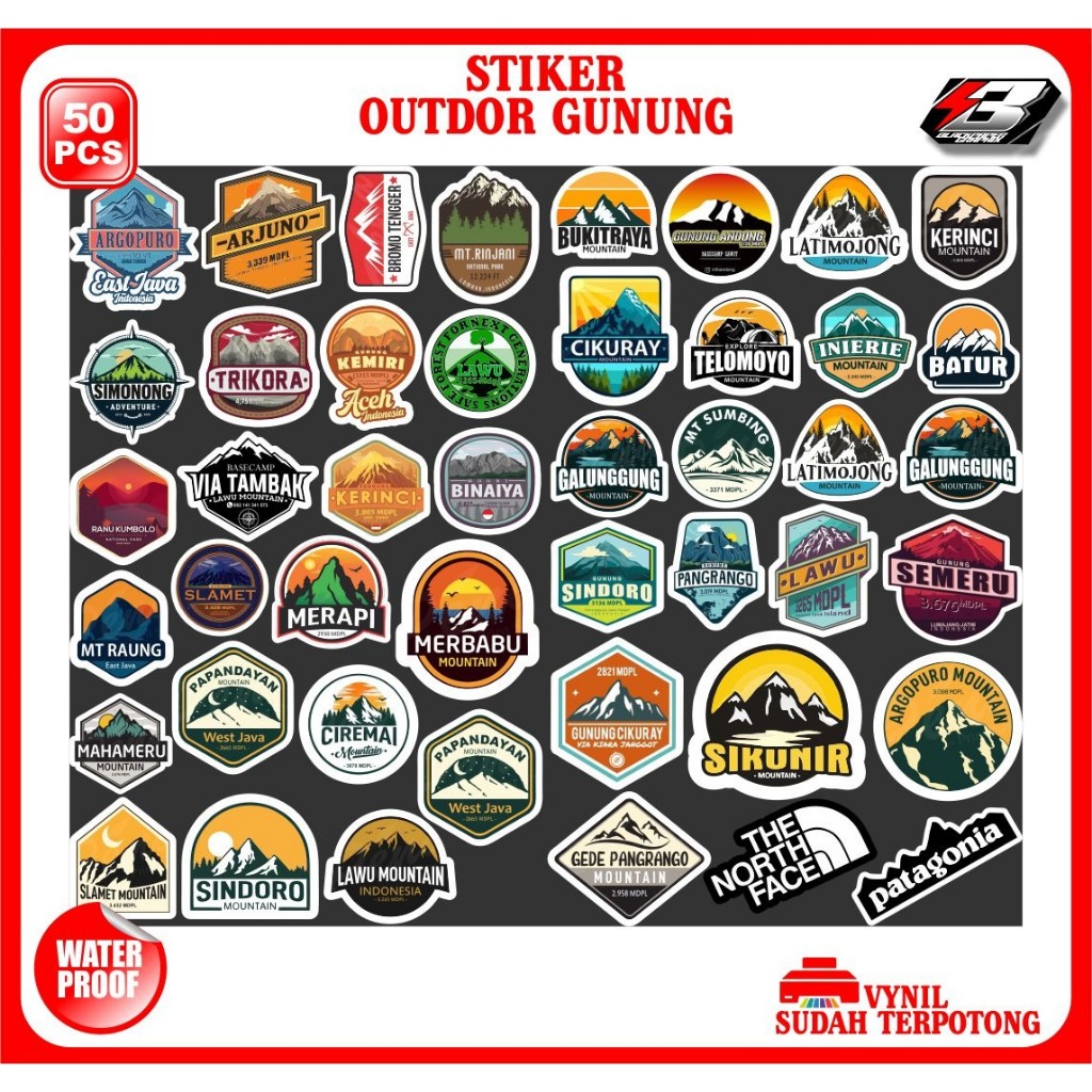 

45 pcs stiker pack stiker GUNUNG OUTDOOR sudah terpotong waterproof tinggal tempel