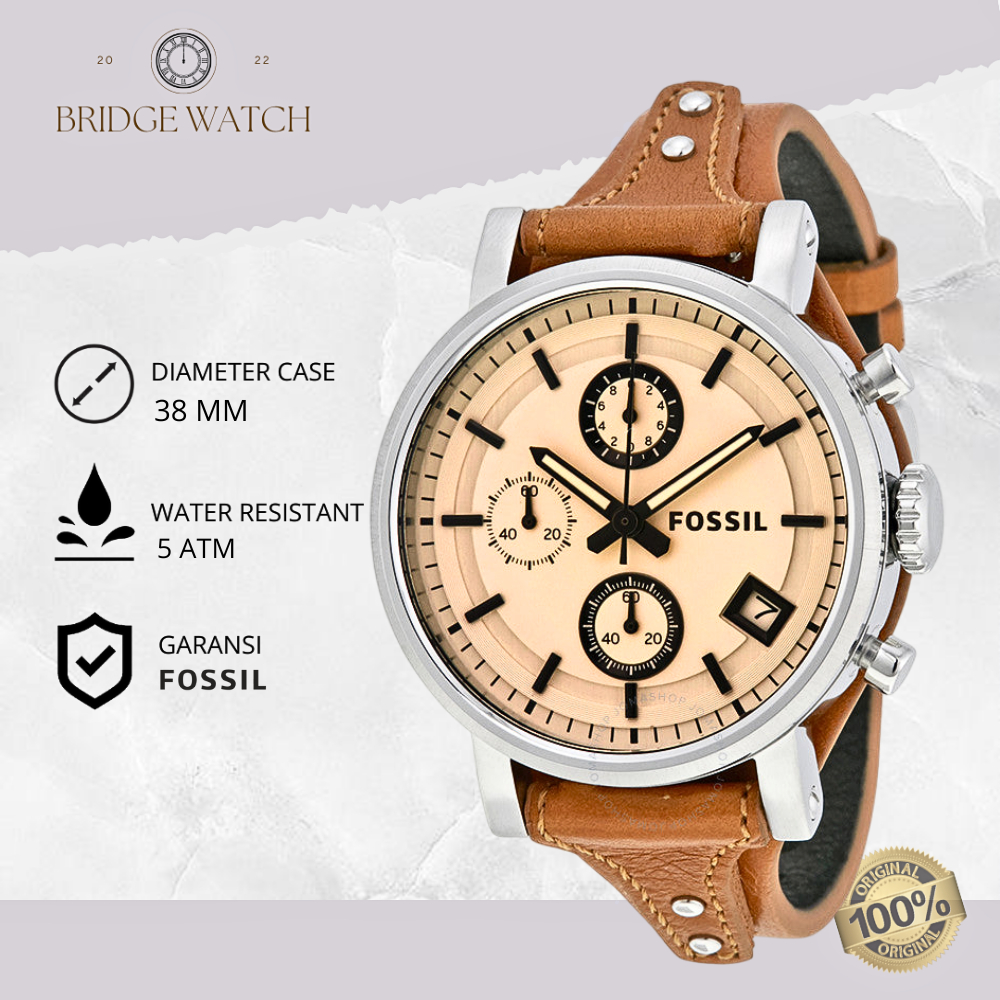 Jam Tangan Wanita Fossil ES4046 Chronograph Brown Leather Boyfriend Strap Kulit Cewek Water Resistan