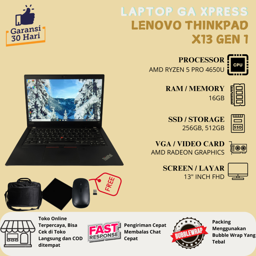 Lenovo Thinkpad X13 GEN 1 AMD RYZEN 3/5/7 PRO 4750U 13" inch FHD - RAM 8GB, 16GB SSD 256GB, 512GB