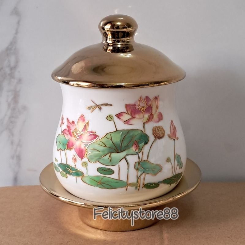 Cangkir Sembahyang tutup lis emas teratai Cangkir teh tutup lis emas  cangkir keramik sembahyang tut