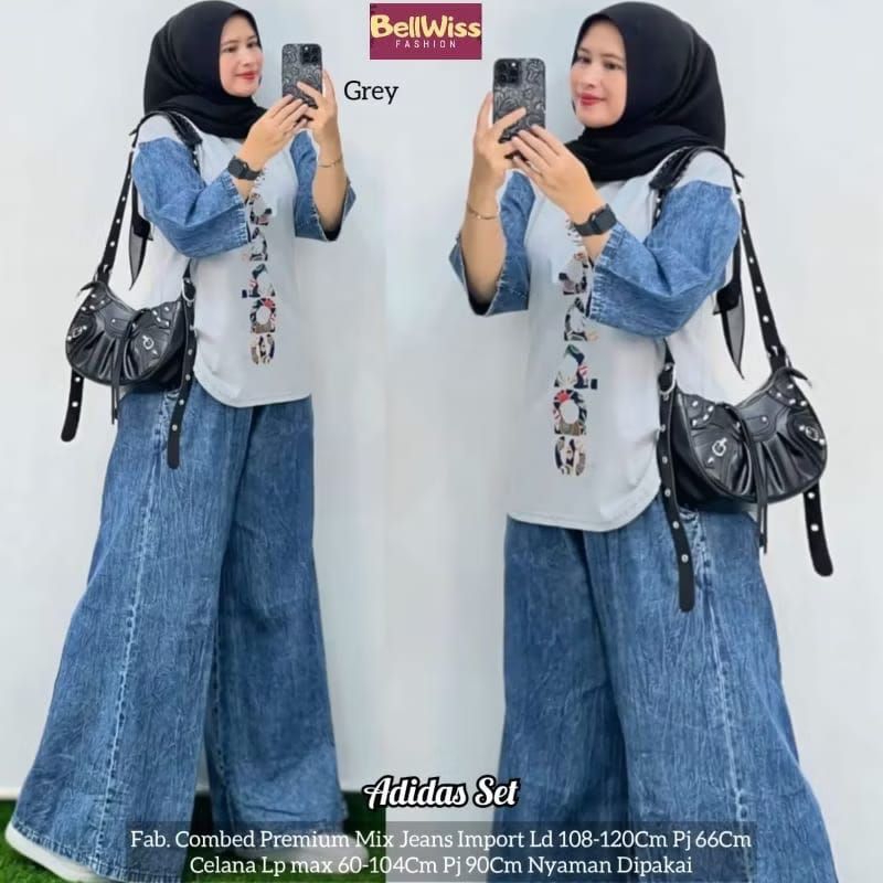 Adida set celana, Septi set bahan jeans mix catton combed Dress wanita muslim gaun lebaran oneset hi
