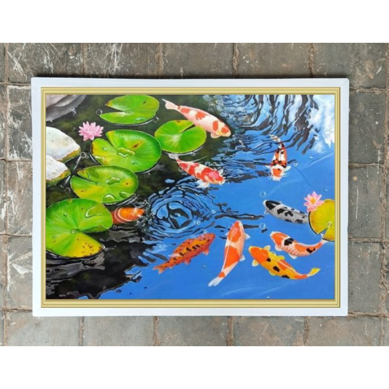 hiasan dinding lukisan cetak ikan koi hoxy plus bingkai ukuran 85*65