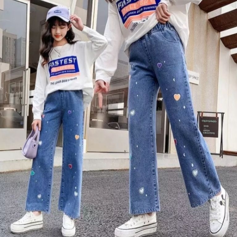 KODE W99H CELANA KULOT LOSSE ANAKANAK TANGGUNG MOTIF BORDIR LOVE PERCAKCelana Jeans AnakKids denim P