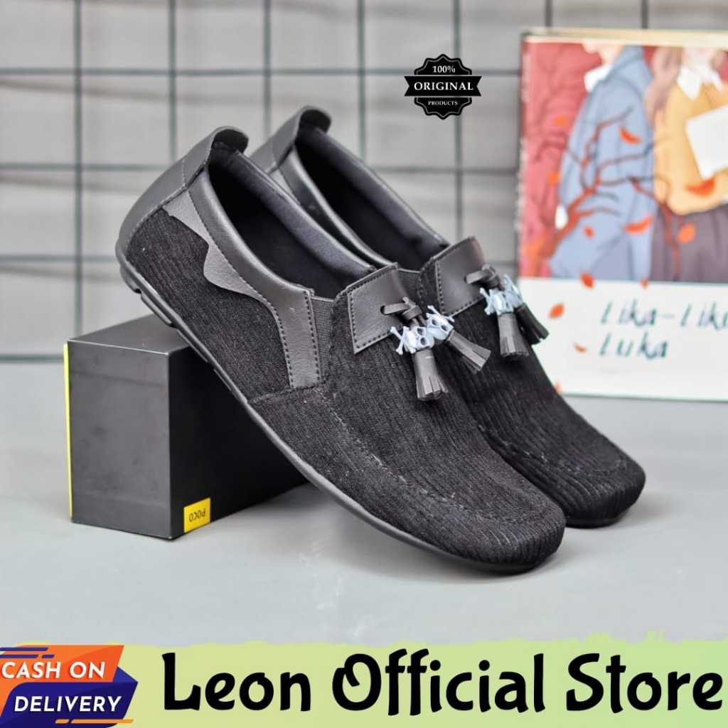Sepatu Slip On Pria Original 100% Loafers Slop Corduroy Hitam Casual Pansus Cowok Leon Oscar