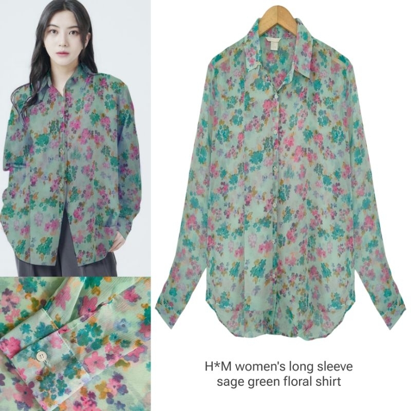 H*m women long sleeve green floral chiffon shirt/kemeja wanita branded/kemeja wanita terbaru