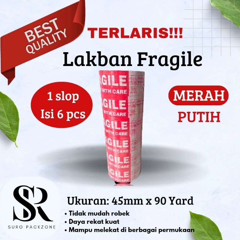 

Lakban Fragile merah putih 1 slop isi 6 pcs 45mm x 90 yard / isolasi / selotip / Tape Daya lekat kuat