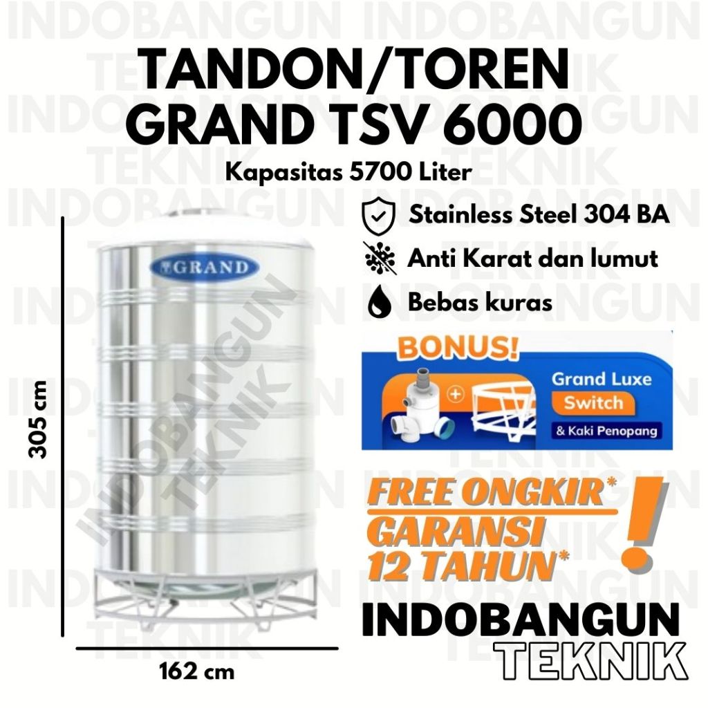 Tandon Toren Tangki Air Stainless TSV 6000 (5700 Liter) Tedmond Grand Anti Lumut Garansi 12 Tahun