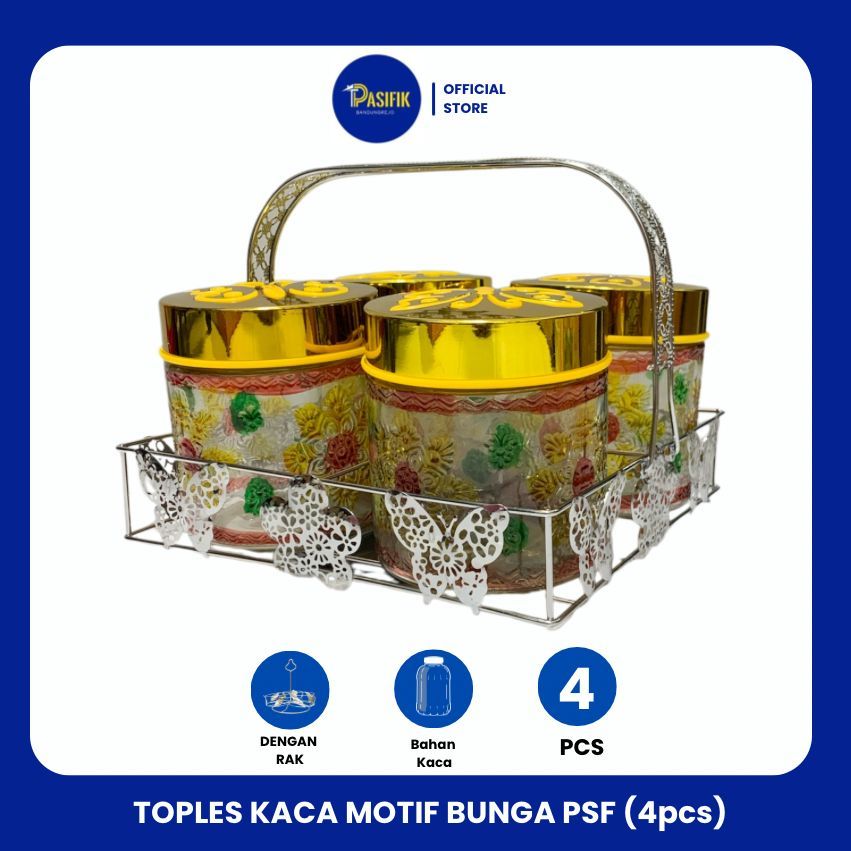 TOPLES KACA MOTIF BUNGA DENGAN RAK / TOPLES KACA LEBARAN ( ISI 4 ) PUTAR / CANISTER