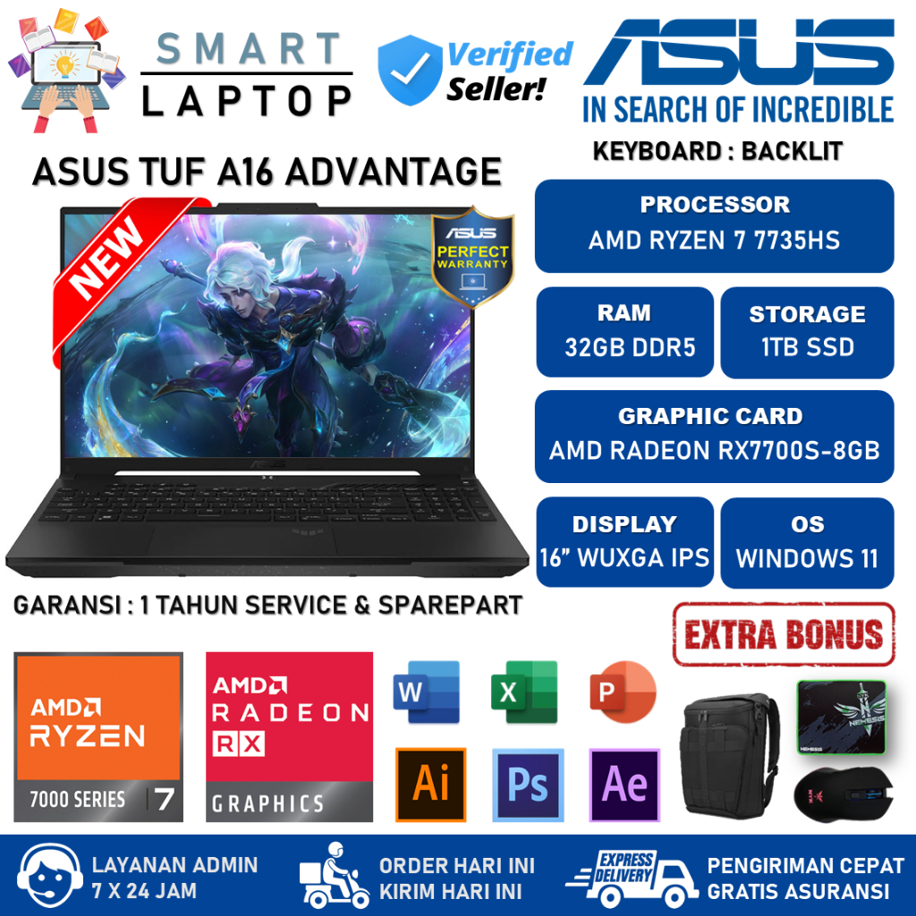 Laptop Asus Tuf A16 fa617nt Advantage Amd Ryzen 7 7735HS RX7700S RAM 32GB 1TB SSD Wuxga Ips 165Hz