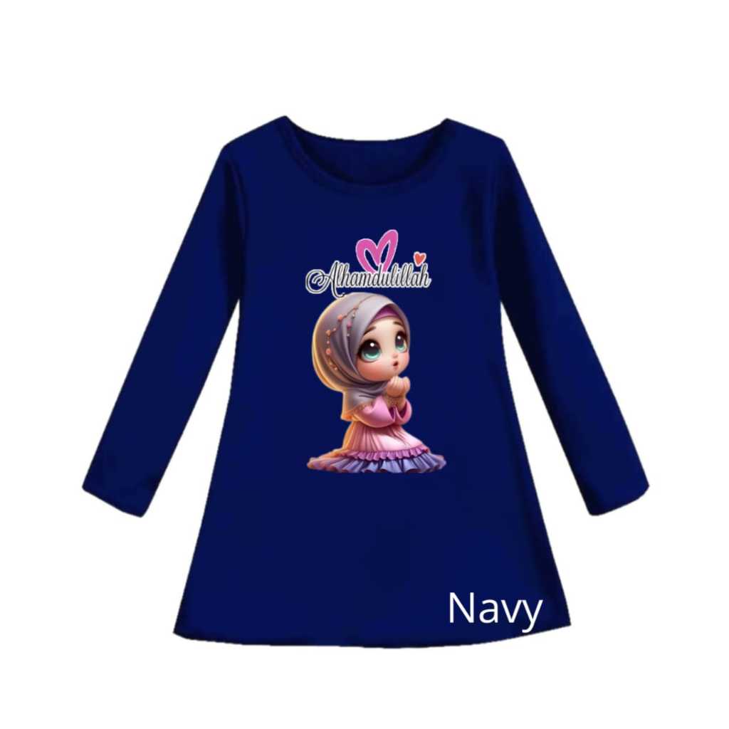 Dress Tunik Santai Motif Gambar kartun Anak MUSLIM ALHAMDULILAH Oblong lengan Panjang Gamis Cewek Us